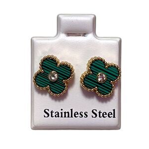 Designer Inspired Stainless Steel Green Clover Rhinestone Stud Earrings